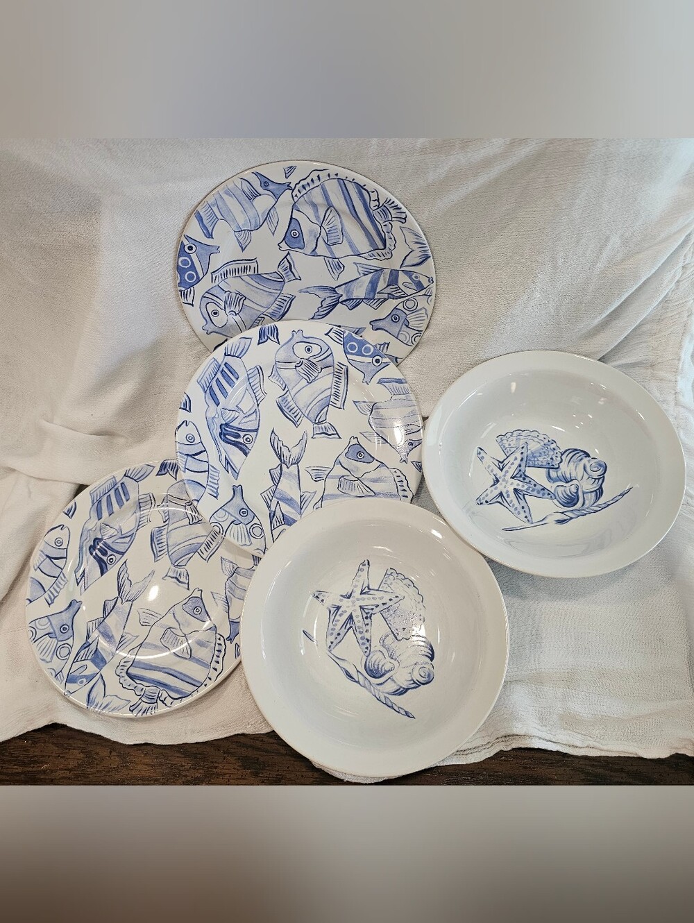 Vintage Newcor Blue Coastal Sea Life Stoneware Set - 5 Piece Lot